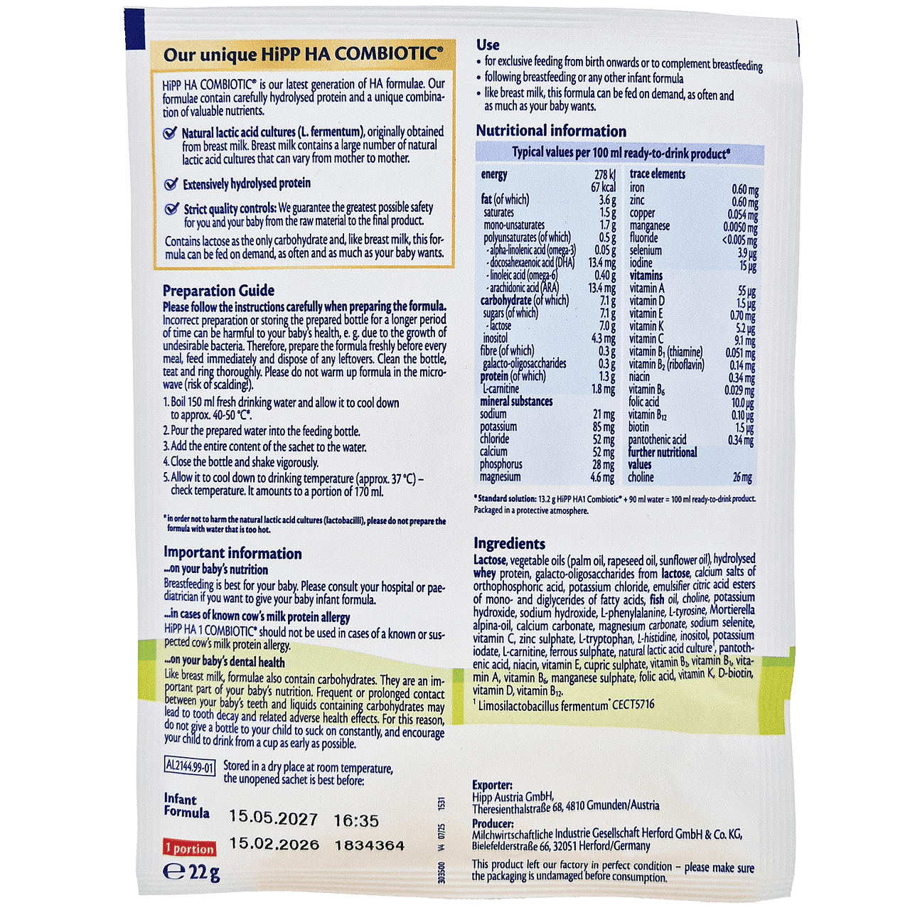 HiPP HypoAllergenic Sachets Stage 1 Formula