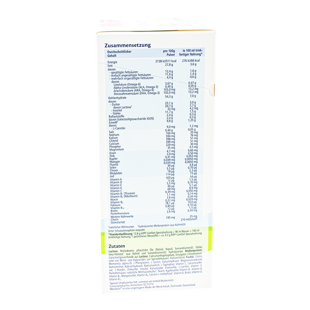 HiPP Comfort Formula ingredients and nutrition label