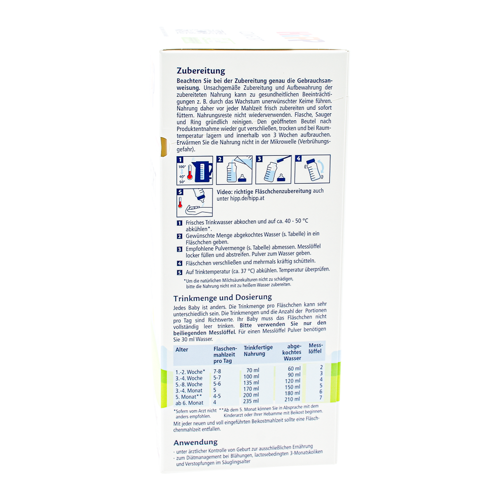 HiPP Comfort Formula preparation guidelines and dosage label