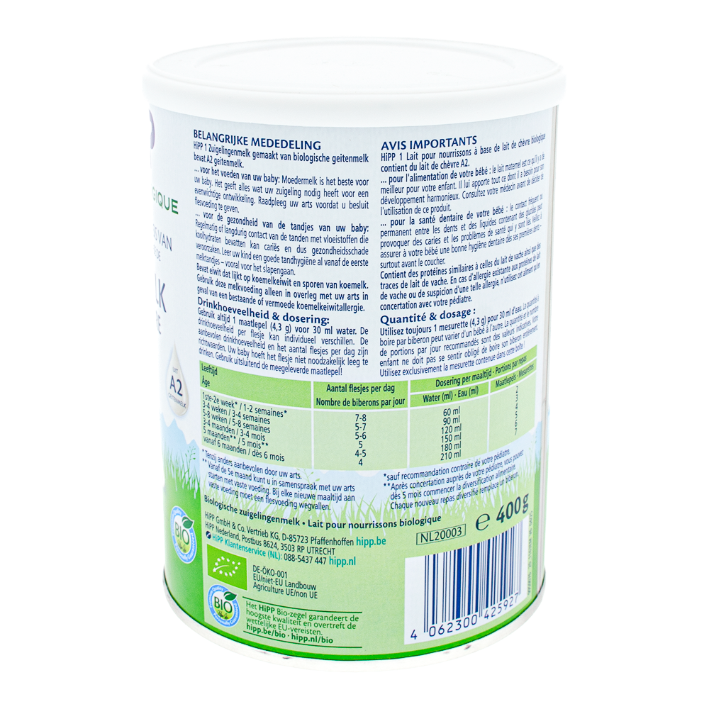 HiPP Dutch Goat Stage 1 Formula dosage label