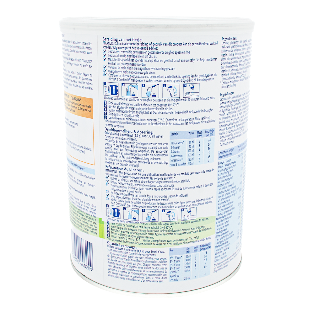HiPP Dutch HypoAllergenic Stage 1 Formula preparation guidelines and dosage label