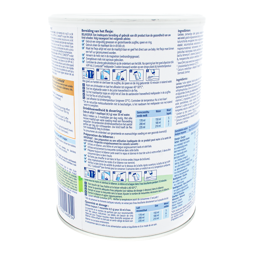 HiPP Dutch HypoAllergenic Stage 2 Formula preparation guidelines and dosage label