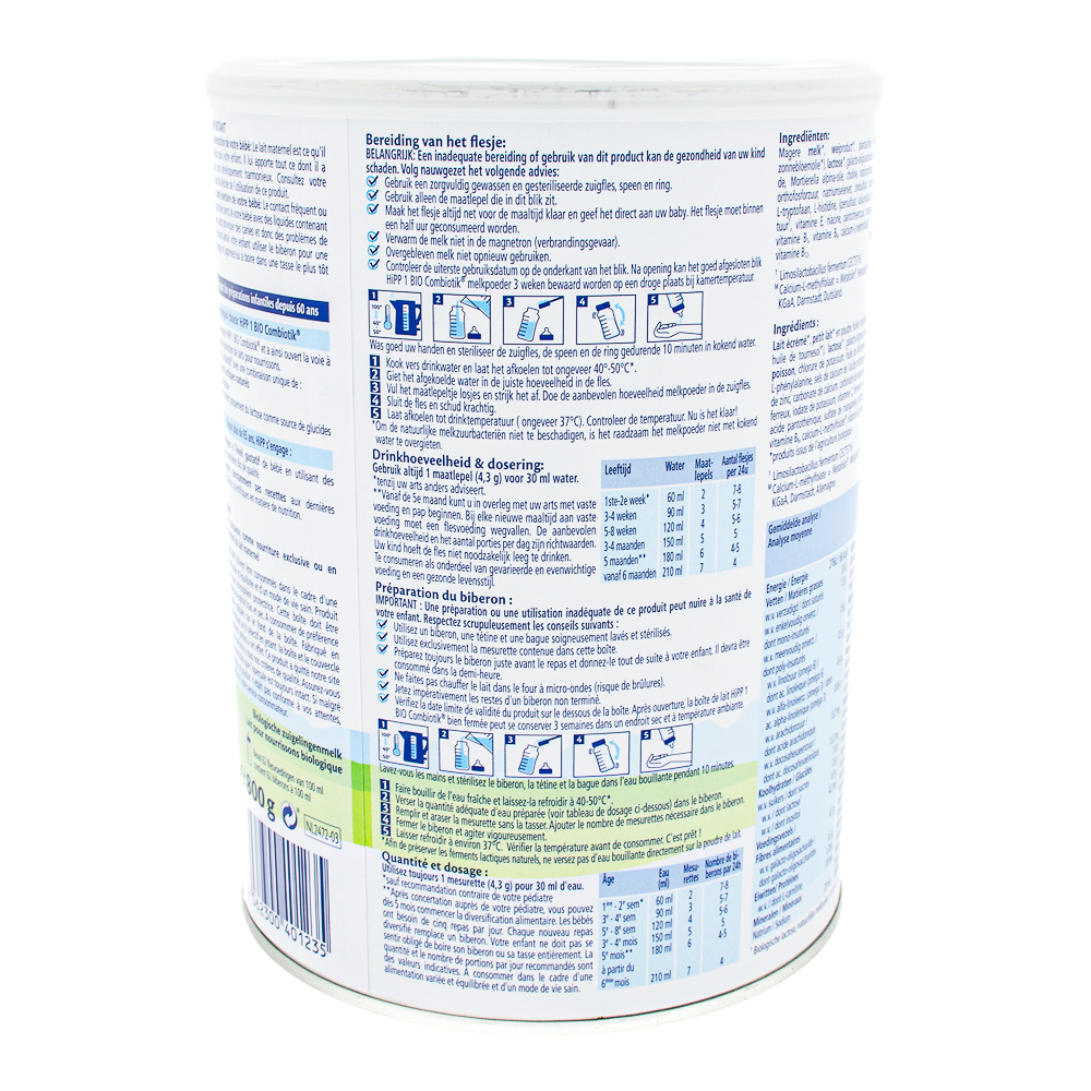 HiPP Dutch Stage 1 Formula preparation guidelines and dosage label