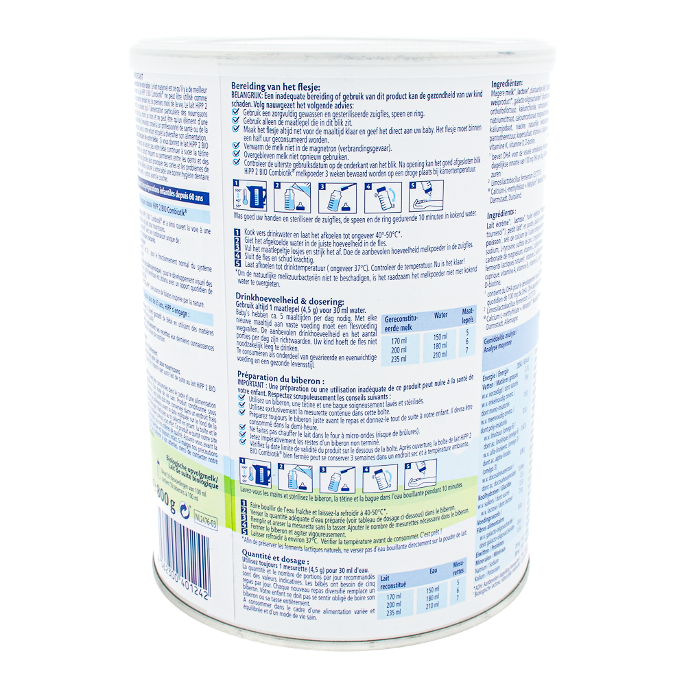 HiPP Dutch Stage 2 Formula preparation guidelines and dosage label