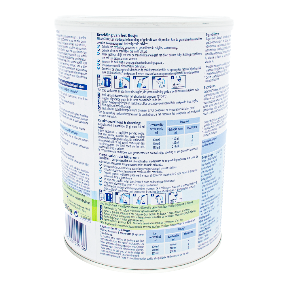 HiPP Dutch Stage 3 Formula preparation guidelines and dosage label