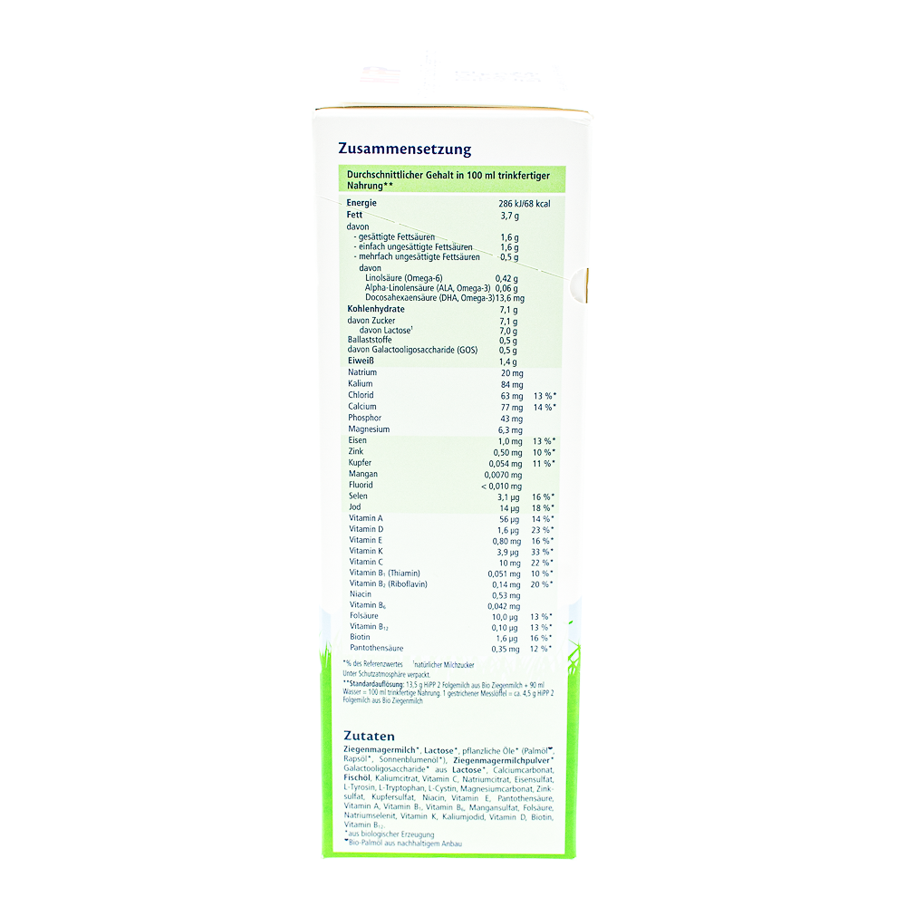 HiPP German Goat Stage 2 Formula ingredients and nutrition label