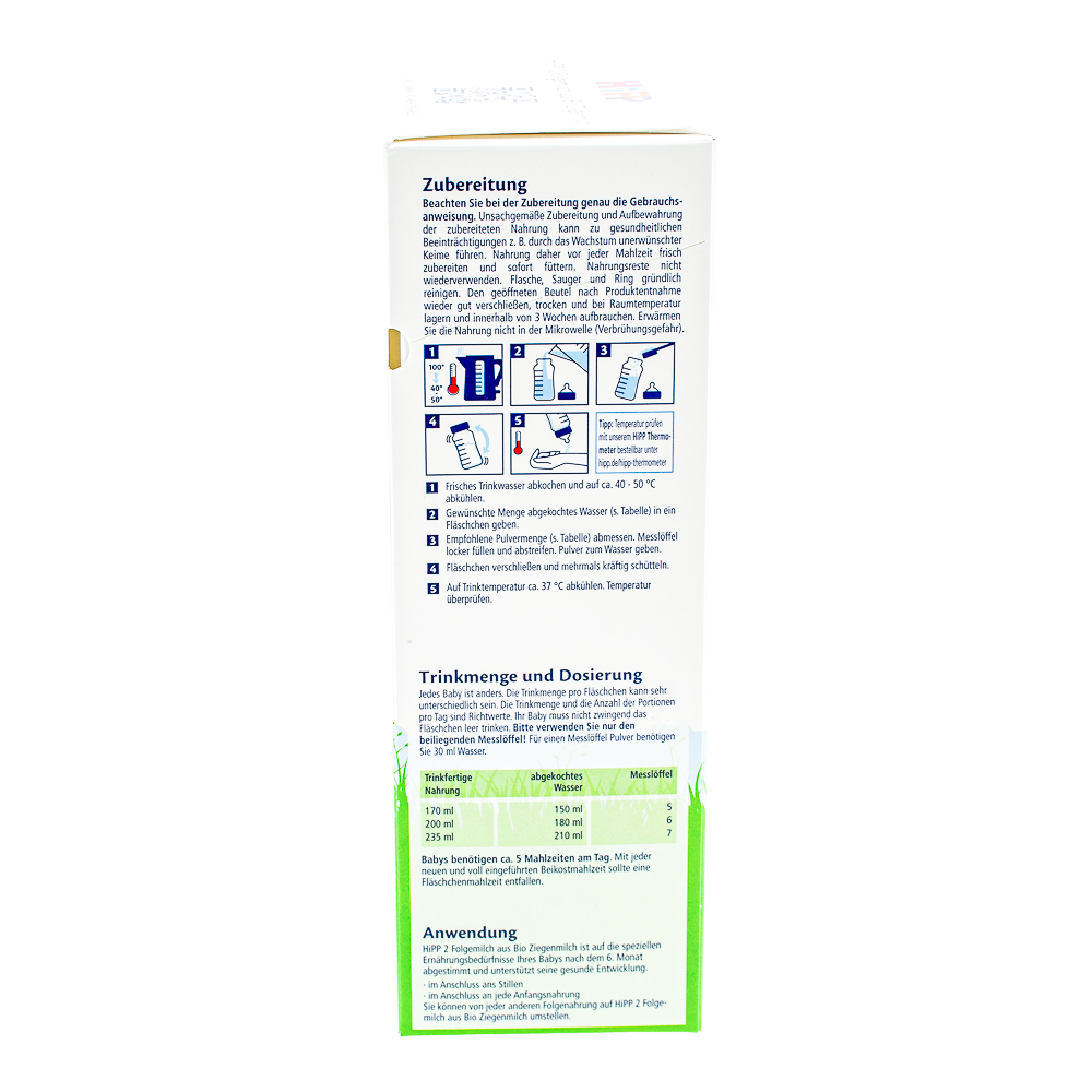 HiPP German Goat Stage 2 Formula preparation guidelines and dosage label
