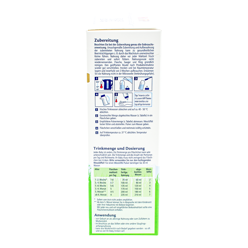 HiPP German Goat Stage Pre Formula preparation guidelines and dosage label