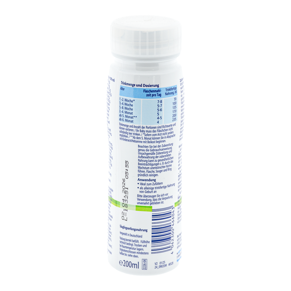 HiPP German HypoAllergenic Ready to Feed Stage Pre Formula dosage label
