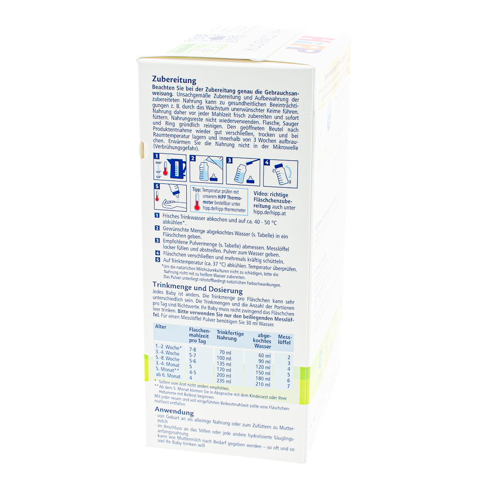 HiPP German HypoAllergenic Stage 1 Formula preparation guidelines and dosage label