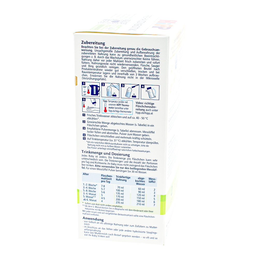 HiPP German HypoAllergenic Stage Pre Formula preparation guidelines and dosage label