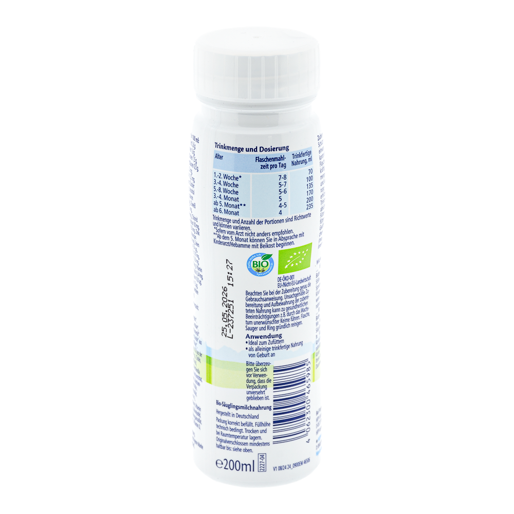 HiPP German Ready to Feed Stage Pre Formula dosage label