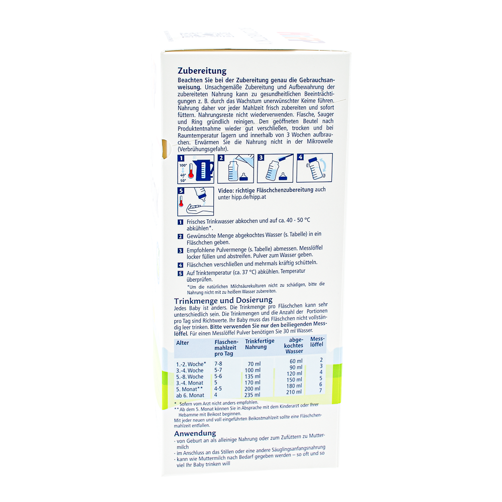 HiPP German Stage 1 Formula preparation guidelines and dosage label