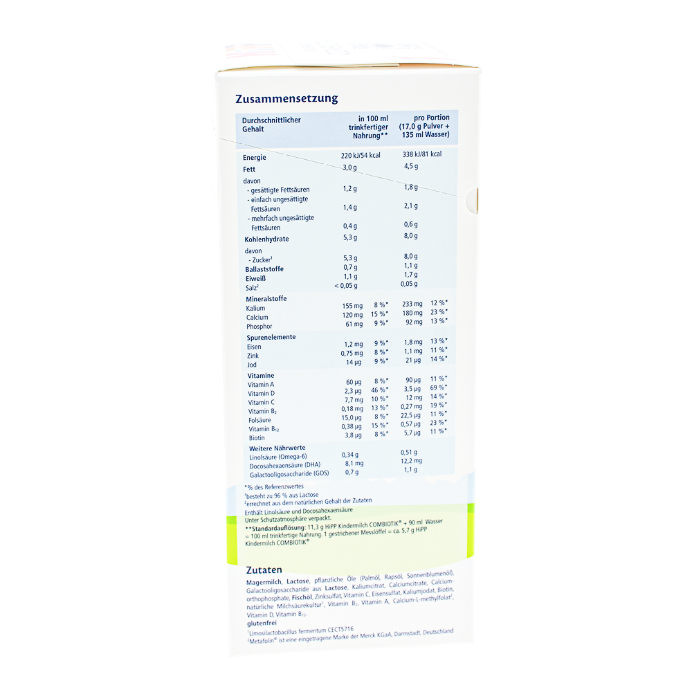 HiPP German Stage 1+ Formula ingredients and nutrition label