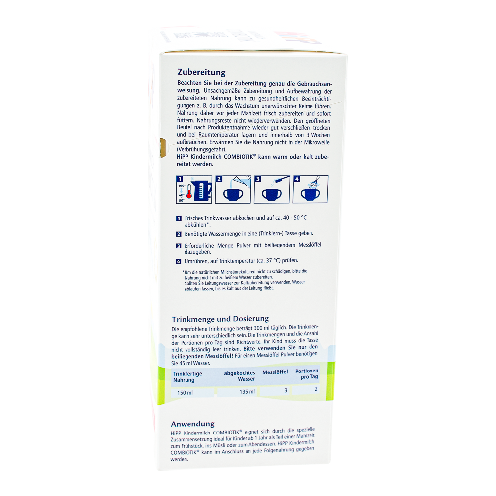 HiPP German Stage 1+ Formula preparation guidelines and dosage label