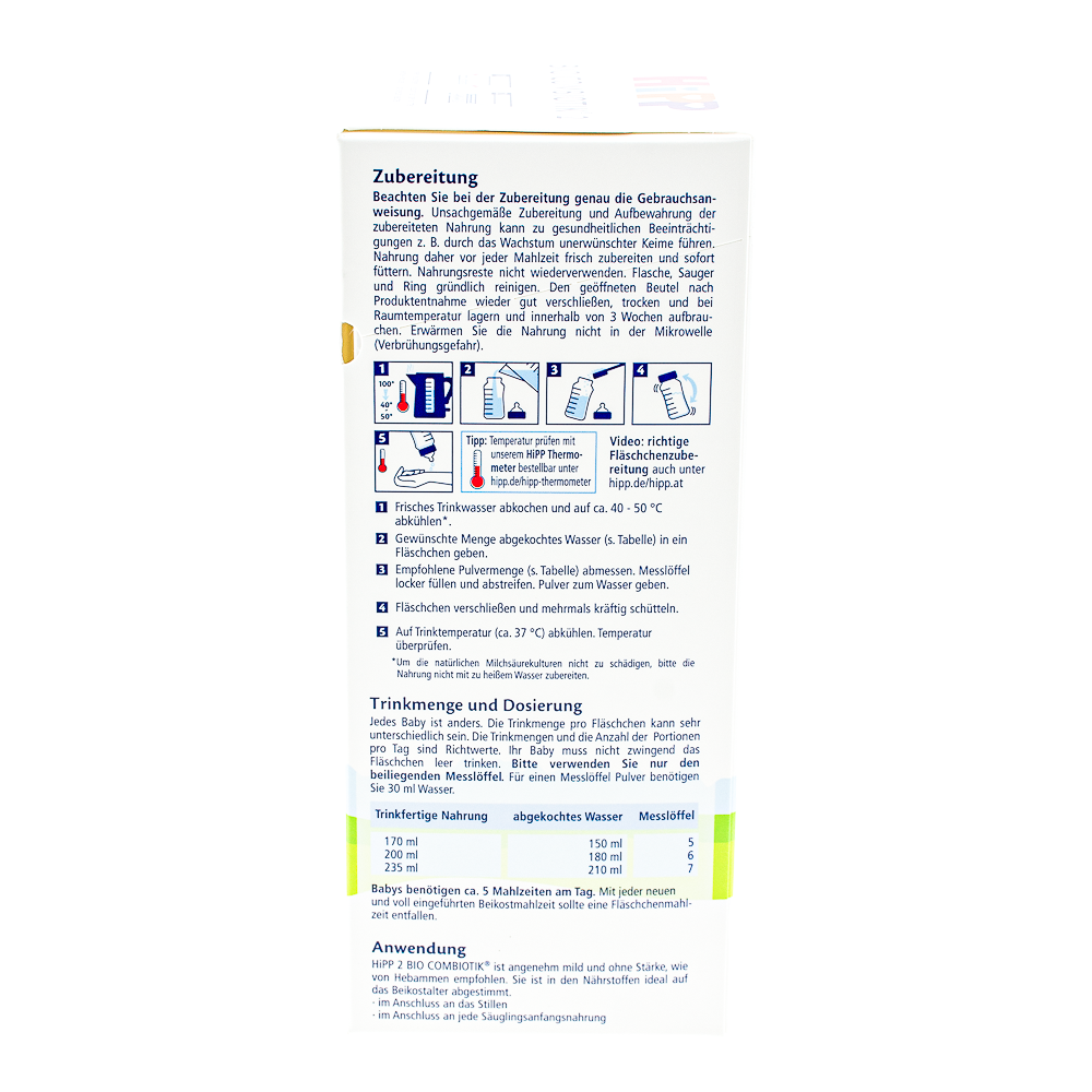 HiPP German Stage 2 Formula - No Starch preparation guidelines and dosage label