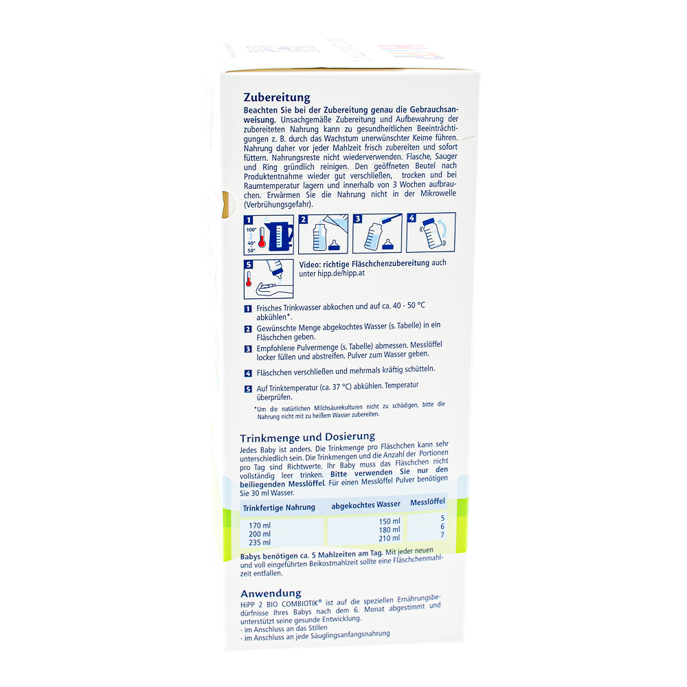 HiPP German Stage 2 Formula preparation guidelines and dosage label