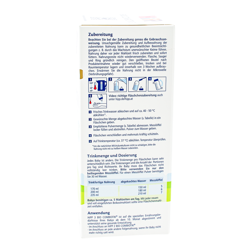 HiPP German Stage 3 Formula preparation guidelines and dosage label