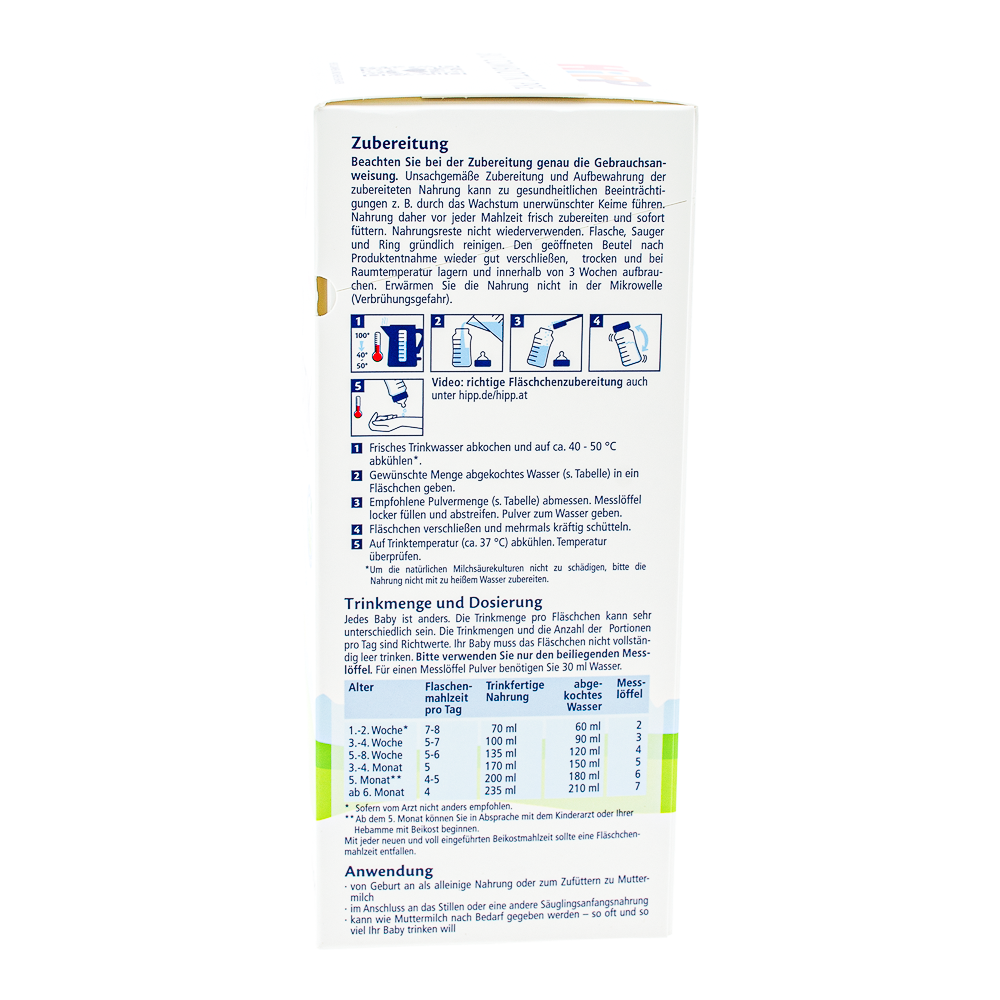HiPP German Stage Pre Formula preparation guidelines and dosage label