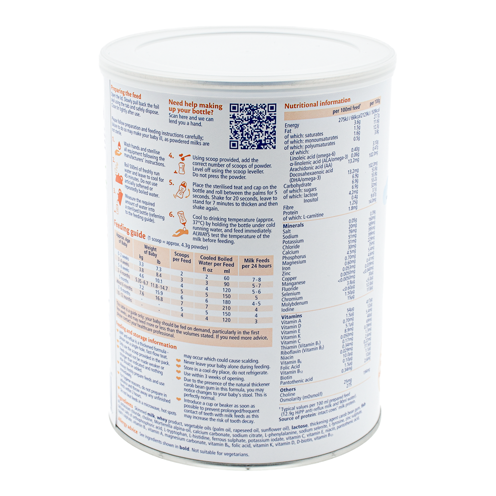 Hipp UK Anti-Reflux Formula preparation guidelines, dosage label, ingredients and nutrition label