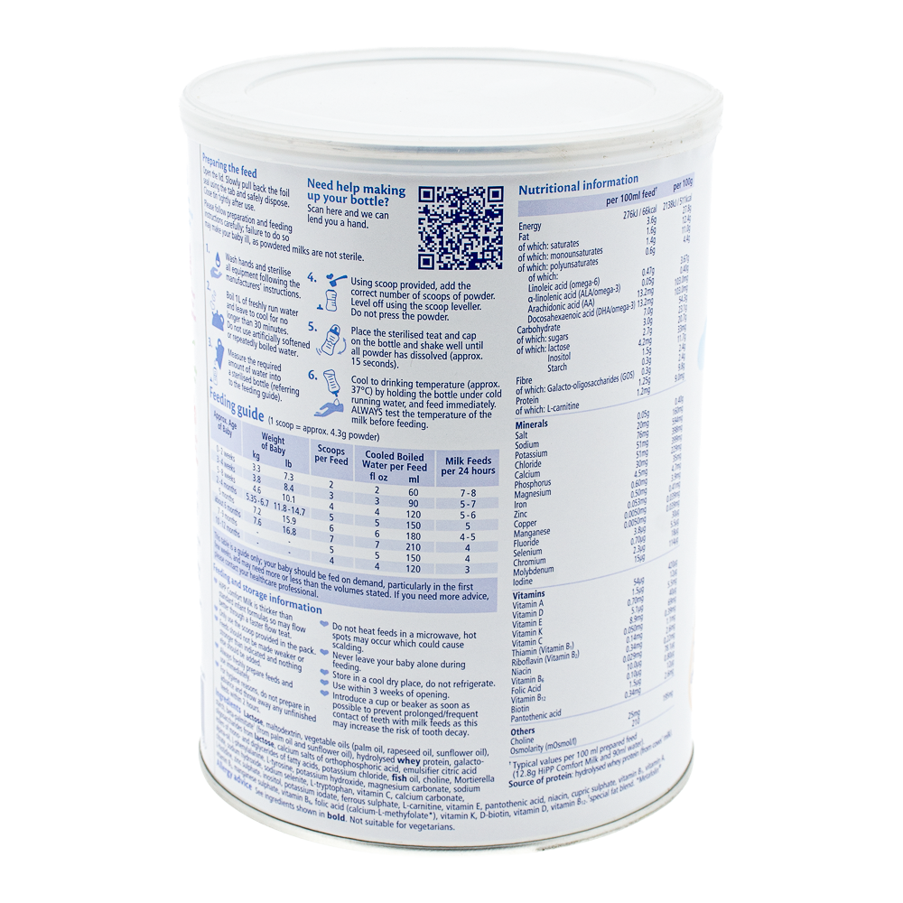 Hipp UK Comfort Formula preparation guidelines, dosage label, ingredients and nutrition label