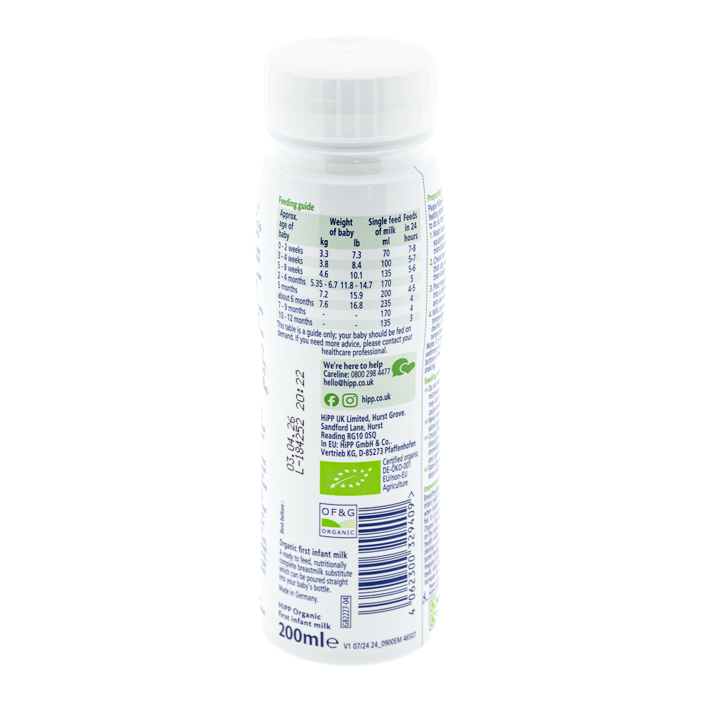 HiPP UK Ready to Feed Stage 1 Formula dosage label
