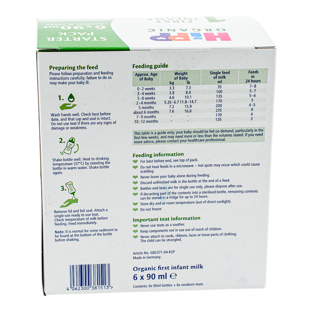 HiPP UK Ready to Feed Stage 1 Formula with teats preparation guidelines and dosage label