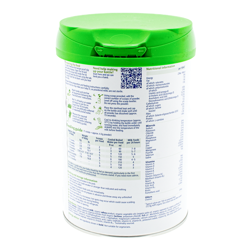 HiPP UK Stage 1 Formula preparation guidelines, dosage label, and nutrition label
