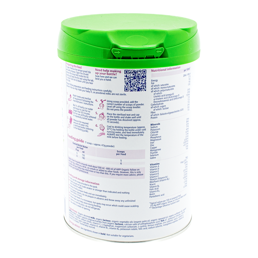 HiPP UK Stage 2 Formula preparation guidelines, dosage label, and nutrition label