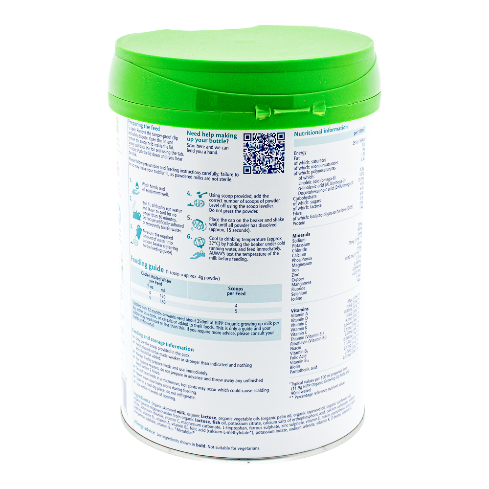 HiPP UK Stage 3 Formula preparation guidelines, dosage label, and nutrition label