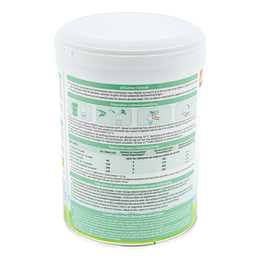 Holle Dutch Goat Stage 1 Formula preparation guidelines and dosage label