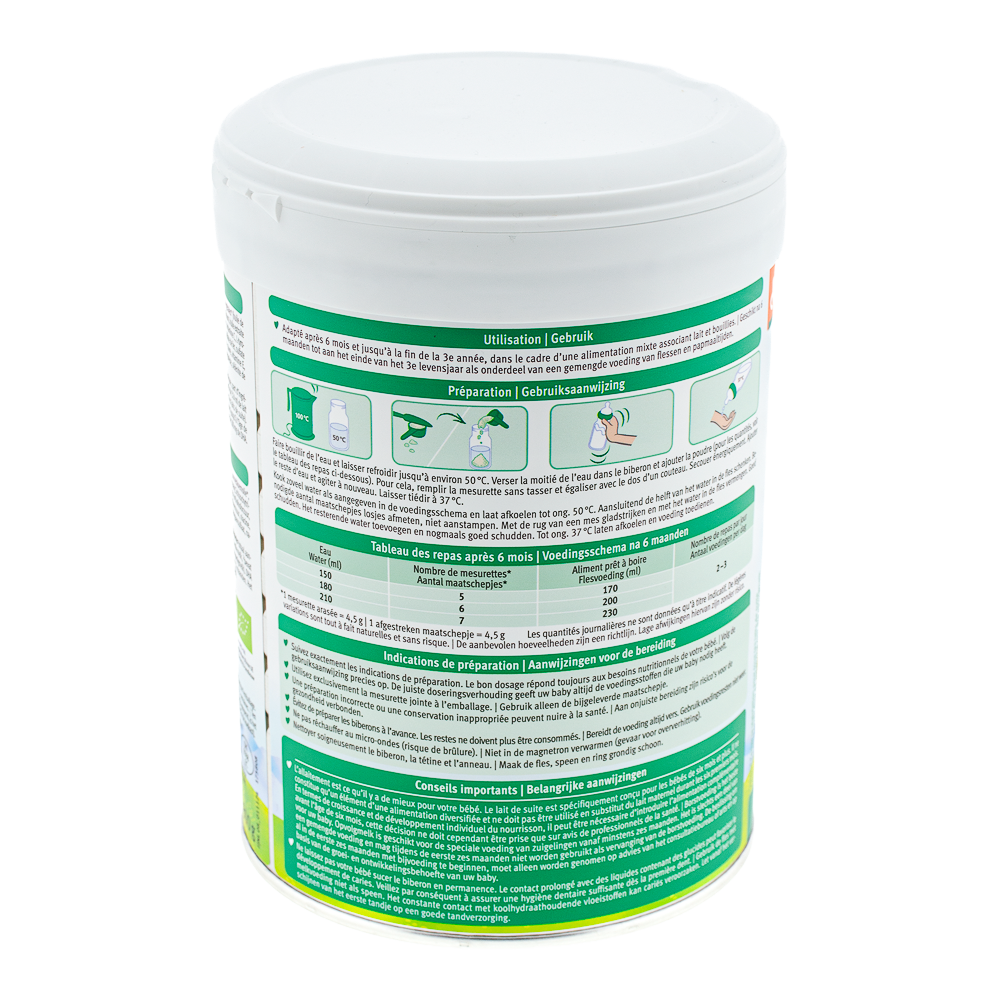 Holle Dutch Goat Stage 2 Formula preparation guidelines and dosage label