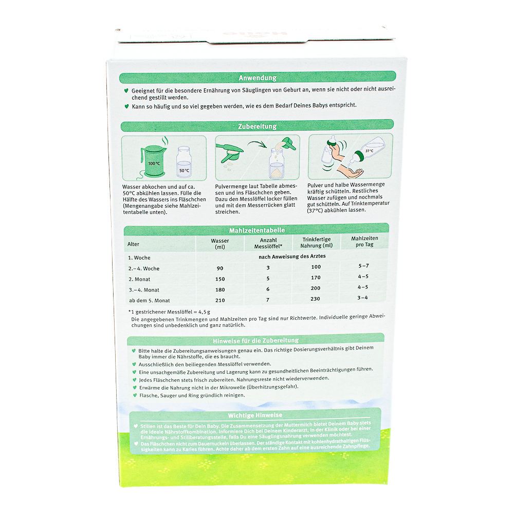 Holle Goat Stage 1 Formula preparation guidelines and dosage label