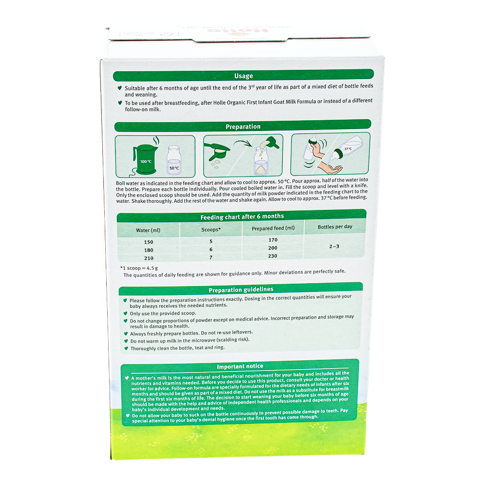 Holle Goat Stage 2 Formula preparation guidelines and dosage label