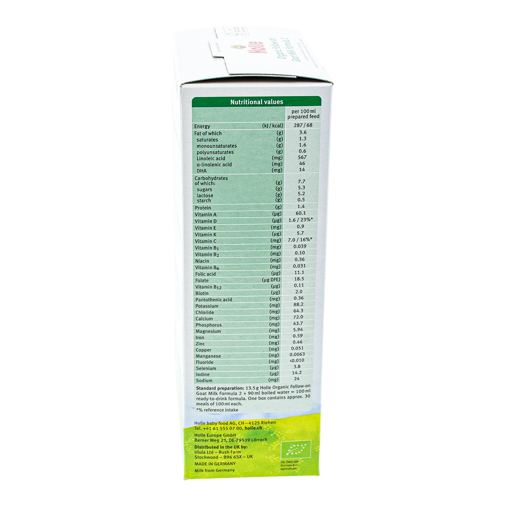 Holle Goat Stage 2 Formula nutrition label