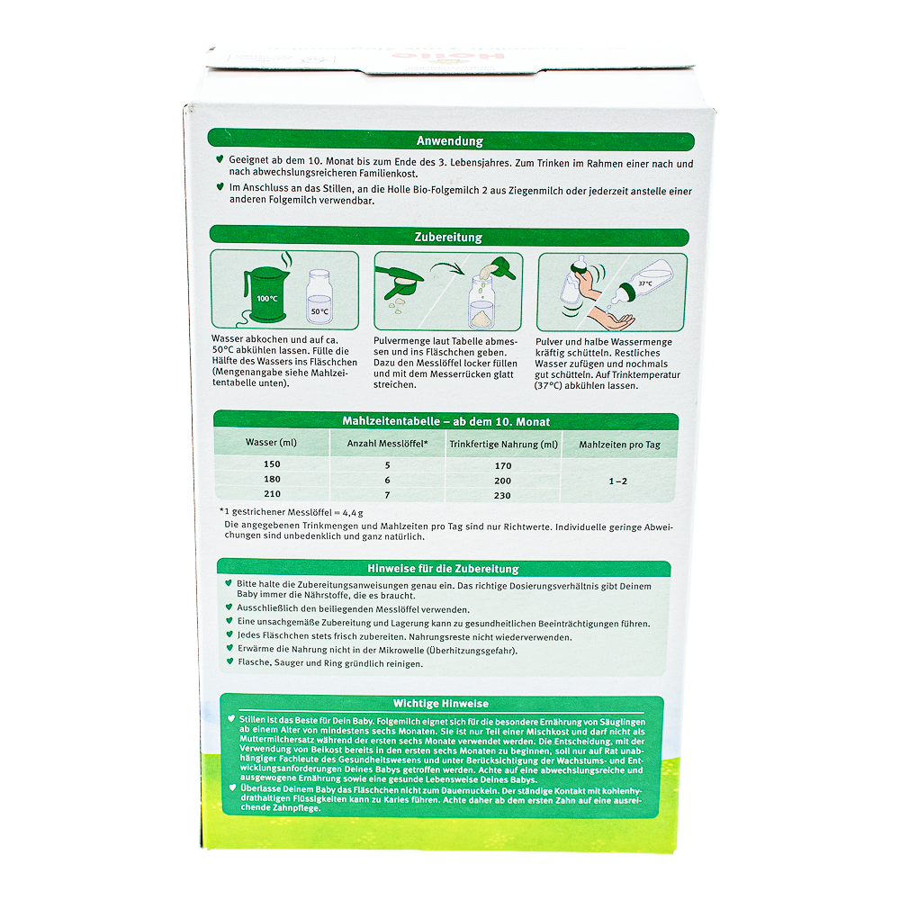 Holle Goat Stage 3 Formula preparation guidelines and dosage label