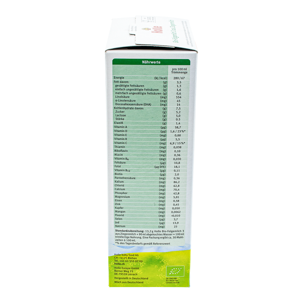 Holle Goat Stage 3 Formula nutrition label