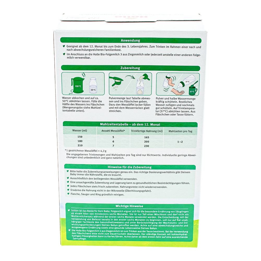 Holle Goat Stage 4 Formula preparation guidelines and dosage label