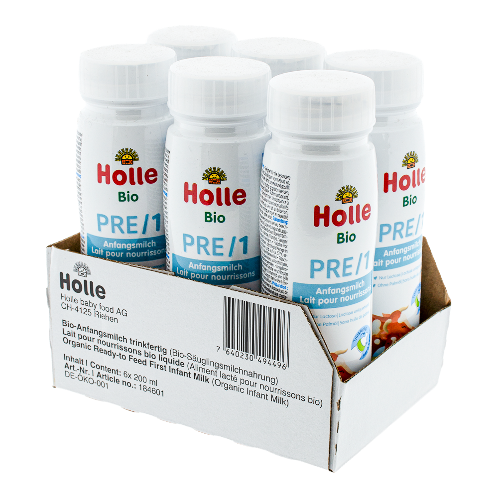 Holle Ready to Feed Stage Pre/1 Formula bottle with outer box