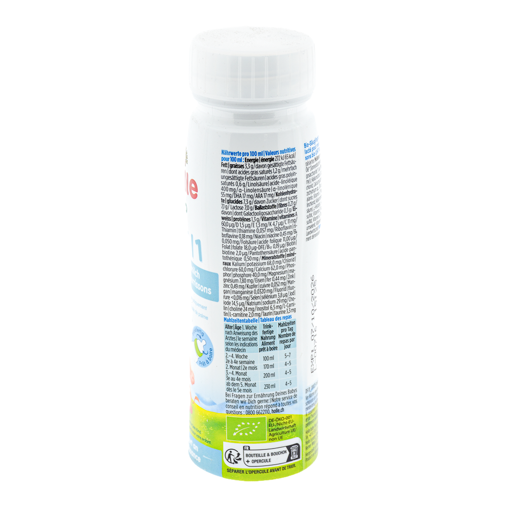 Holle Ready to Feed Stage Pre/1 Formula nutrition and dosage label
