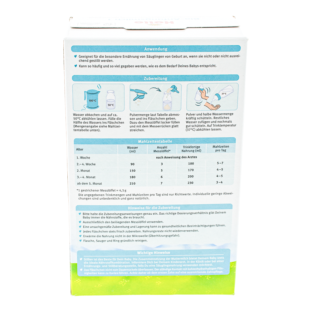 Holle Stage 1 Formula preparation guidelines and dosage label