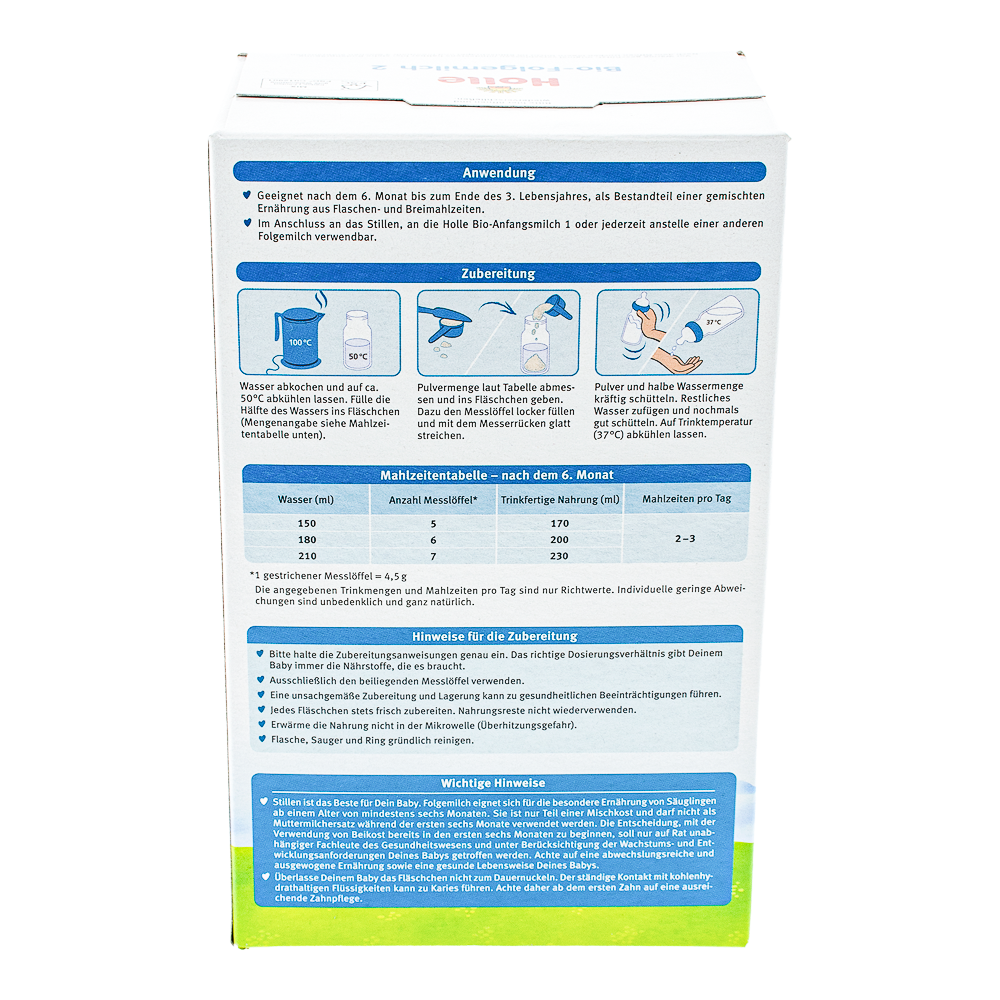 Holle Stage 2 Formula preparation guidelines and dosage label