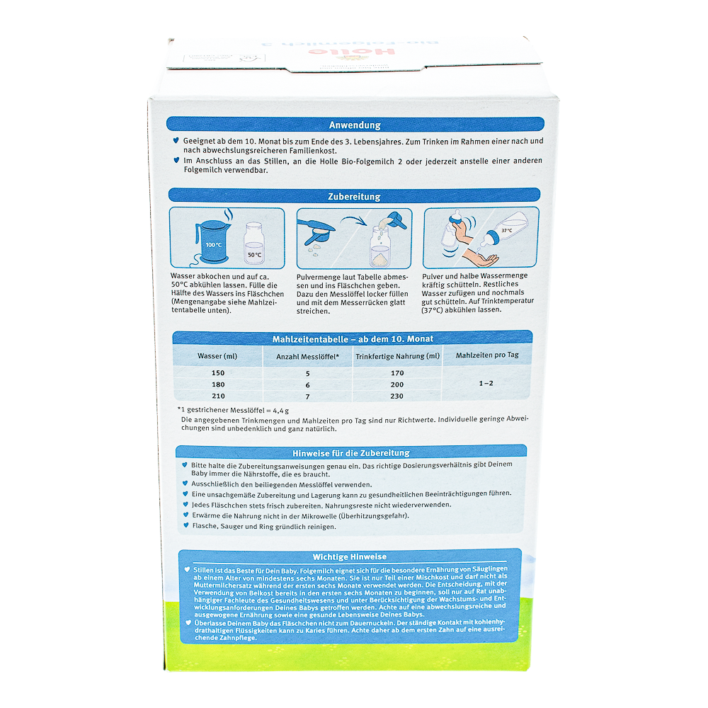 Holle Stage 3 Formula preparation guidelines and dosage label