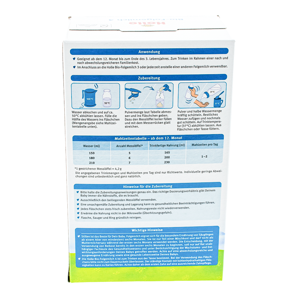 Holle Stage 4 Formula preparation guidelines and dosage label