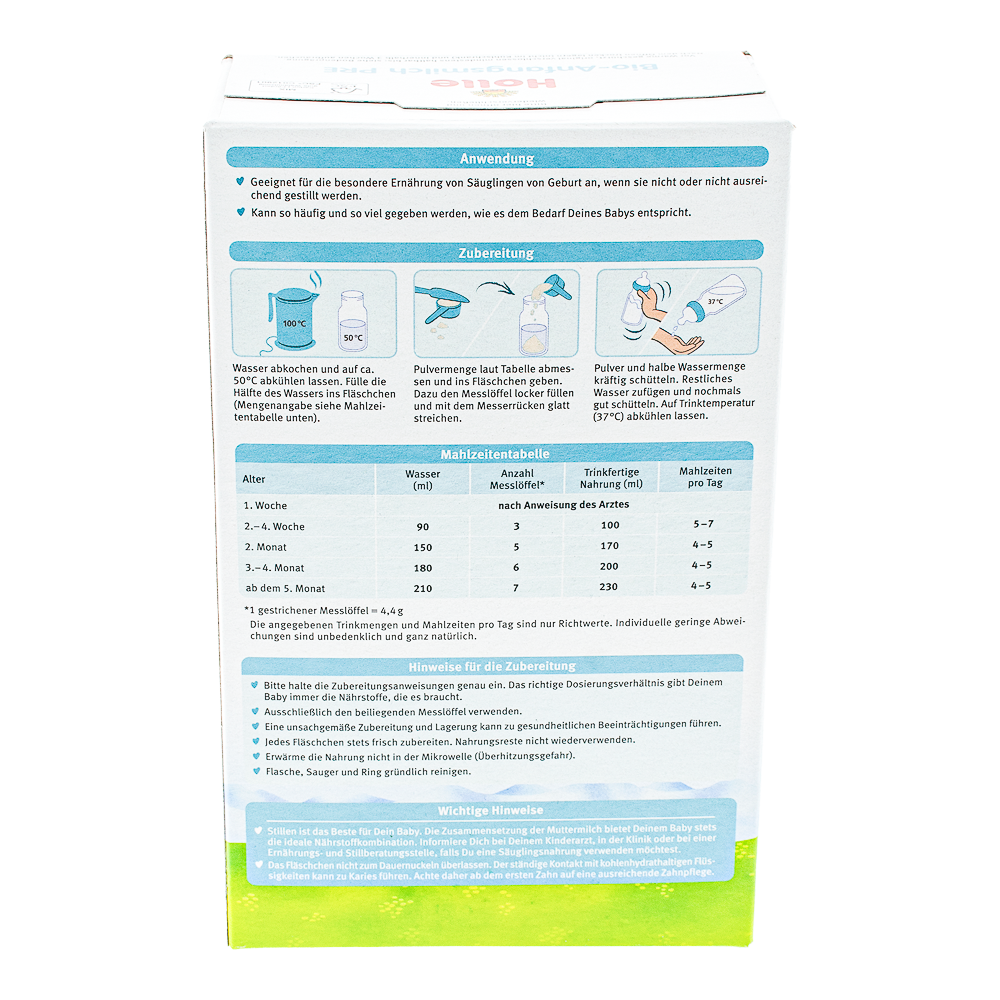 Holle Stage Pre Formula preparation guidelines and dosage label