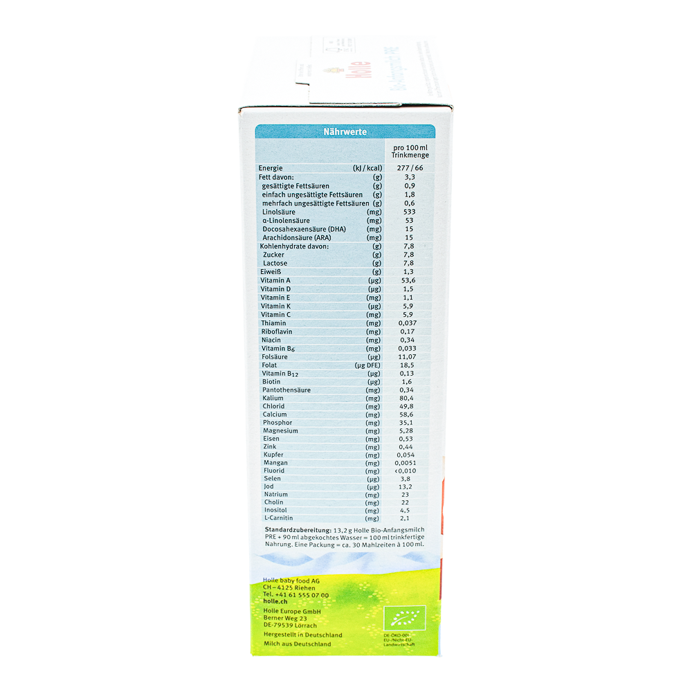 Holle Stage Pre Formula nutrition label