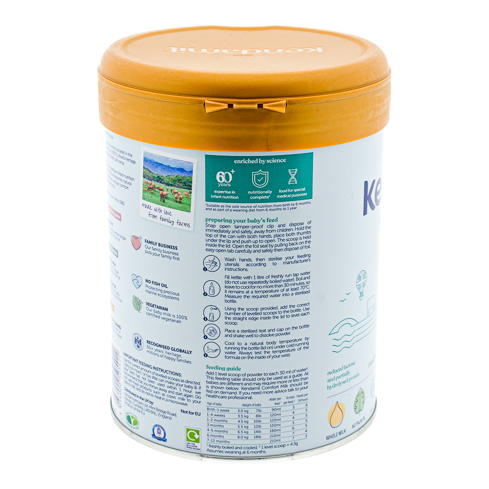 Kendamil Comfort Formula preparation guidelines and dosage label