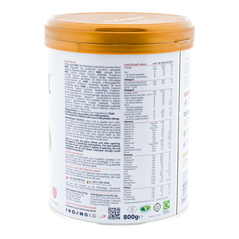 Kendamil Goat Stage 1 Formula ingredients and nutrition label