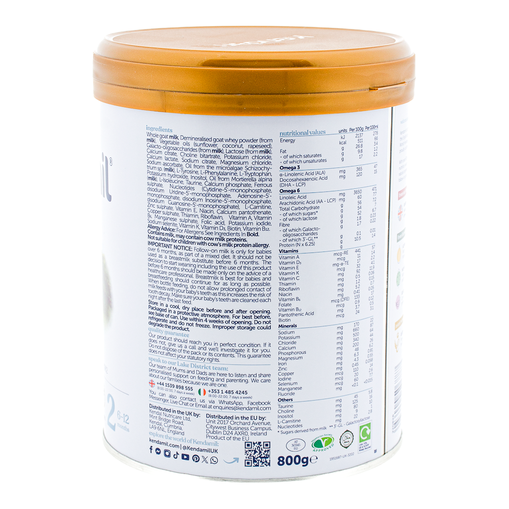 Kendamil Goat Stage 2 Formula ingredients and nutrition label