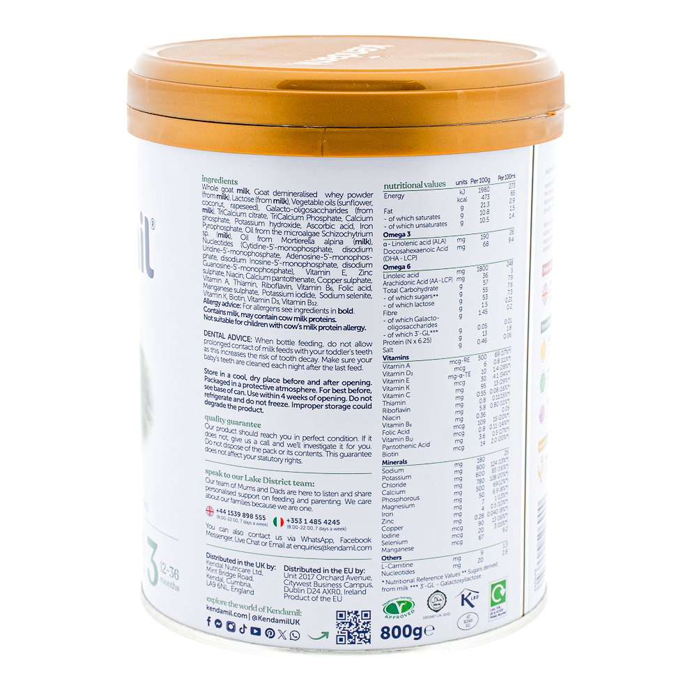 Kendamil Goat Stage 3 Formula ingredients and nutrition label